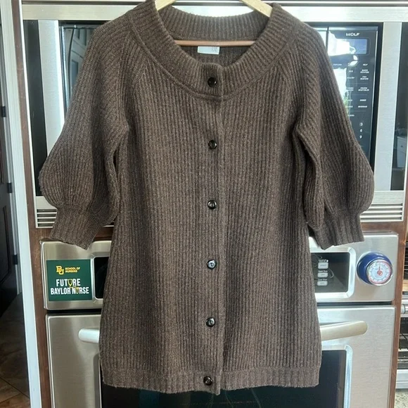 TSE RIBBED MID-SLEEVE 100% CASHMERE BALLOON SLEEVE ROUND COLLAR BUTTON SWEATER